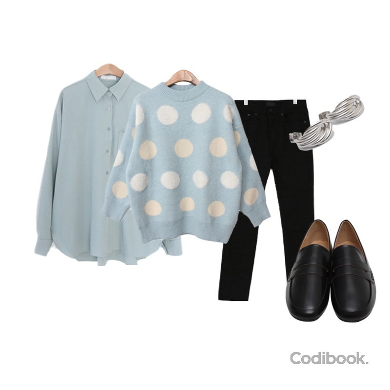 LOVELY SHOES 콤보 셔츠,BACHO 카이라 도트 니트,Zemma World [월/AM:10:00시까지 5% 할인 중♥] 베이직코튼 일자팬츠등을 매치한 코디