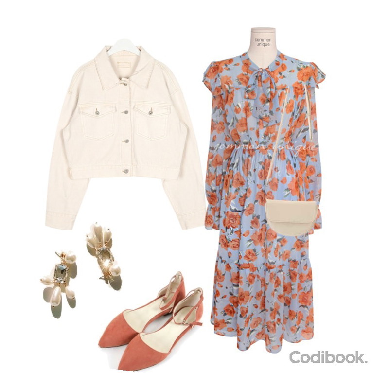 Zemma World 스틸레토-플랫[size:225~250],AIN simply denim short jacket,common unique [OPS] ONLY FLORAL CHIFFON TIE LONG OPS등을 매치한 코디