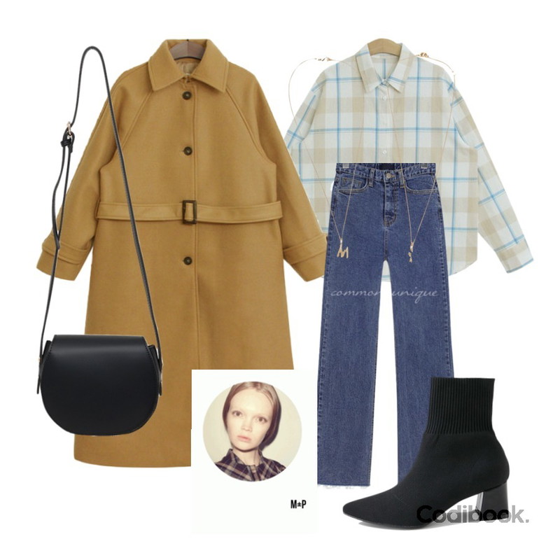 common unique WATER BOOTS LONG DENIM PANTS,TODAY ME 그레인 코트,TODAY ME 웨이즈 남방등을 매치한 코디