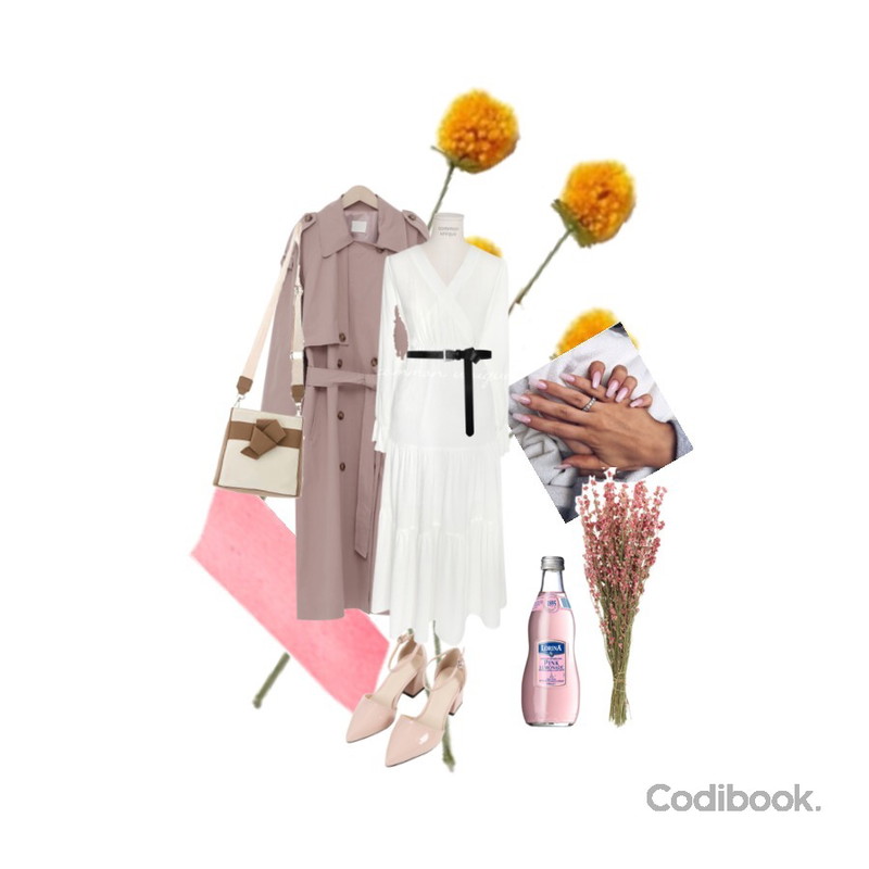 32,yellow flower,From Beginning Latte double trench coat_K (size : free)등을 매치한 코디