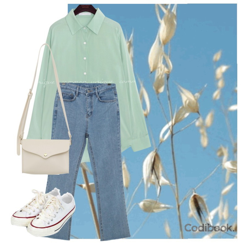Untitled,From Beginning From boots-cut denim pants_B (size : S,M,L),common unique MICRO SILKY RAYON UNBAL SHIRTS등을 매치한 코디