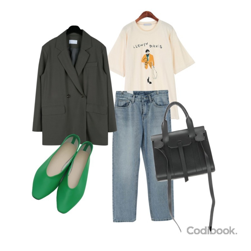 daily monday Modern one button jacket,GIRLS RULE 구름 일자 데님 팬츠 (pt2039),ROCOSIX 데이비스 티셔츠등을 매치한 코디