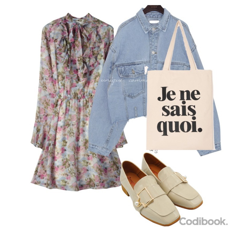 SHU WINDOW 버니 로퍼 L227,GIRLS RULE 봄봄 러블링 원피스 (ops1111),common unique MILLY UNIQUE BOXY DENIM JACKET등을 매치한 코디