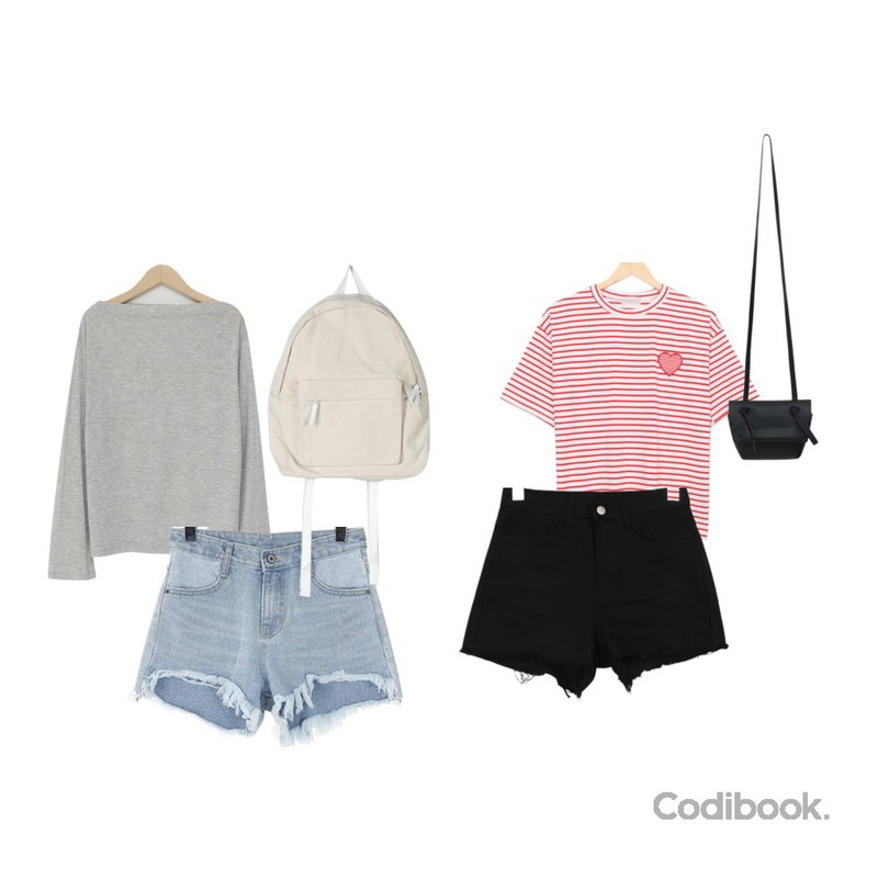 daily monday Campus cozy backpack,ROCOSIX 어그낫 데님 숏 팬츠,From Beginning Boat-neck tencel T_M (size : free)등을 매치한 코디