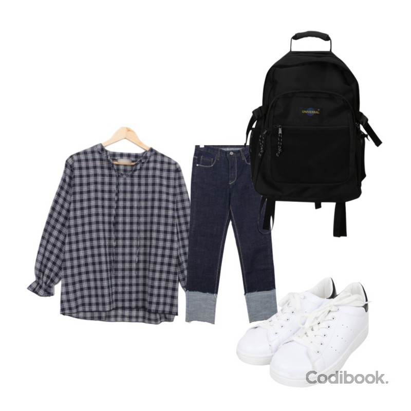 openthedoor universal backpack,BULLANG GIRL 와플리본BL,BULLANG GIRL 롤업이좋아P등을 매치한 코디