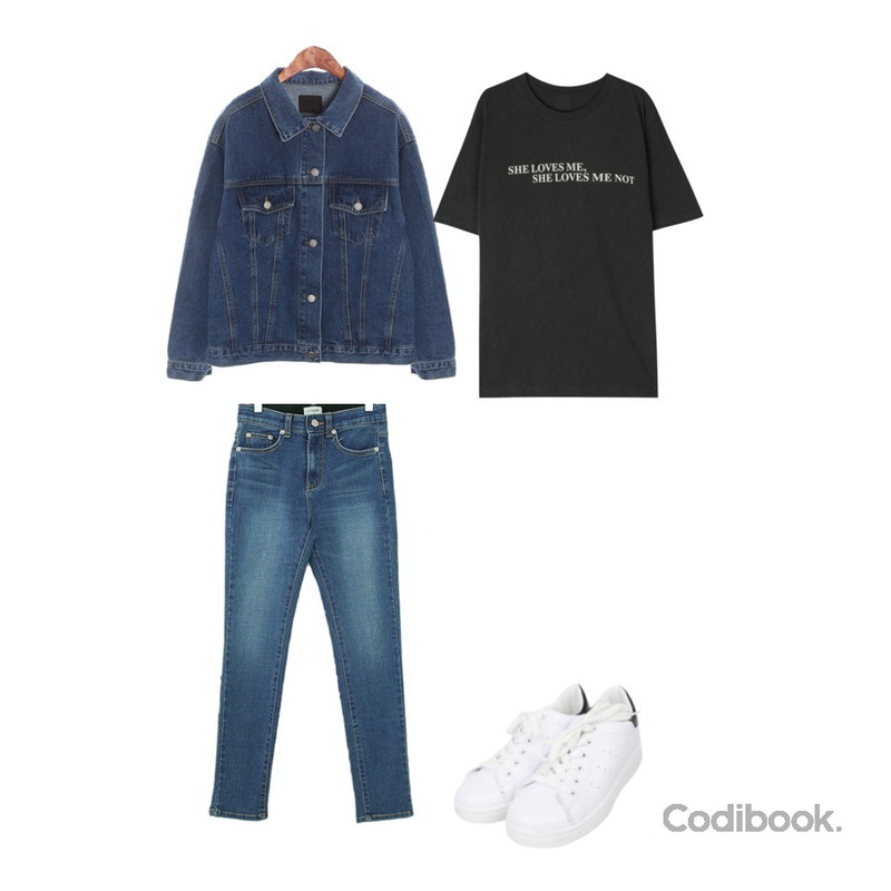 ROCOSIX 디디 데님 자켓,Zemma World Cheese Premium Jean (ver.밀착시크릿),GIRLS RULE 러브미 레터링 반팔 티셔츠 (t6116)등을 매치한 코디