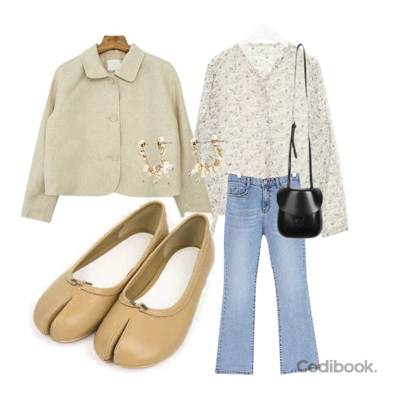 acomma 포스터 부츠컷 - pt,AIN benjamin v-neck blouse,Zemma World 너츠트위드 린넨자켓등을 매치한 코디