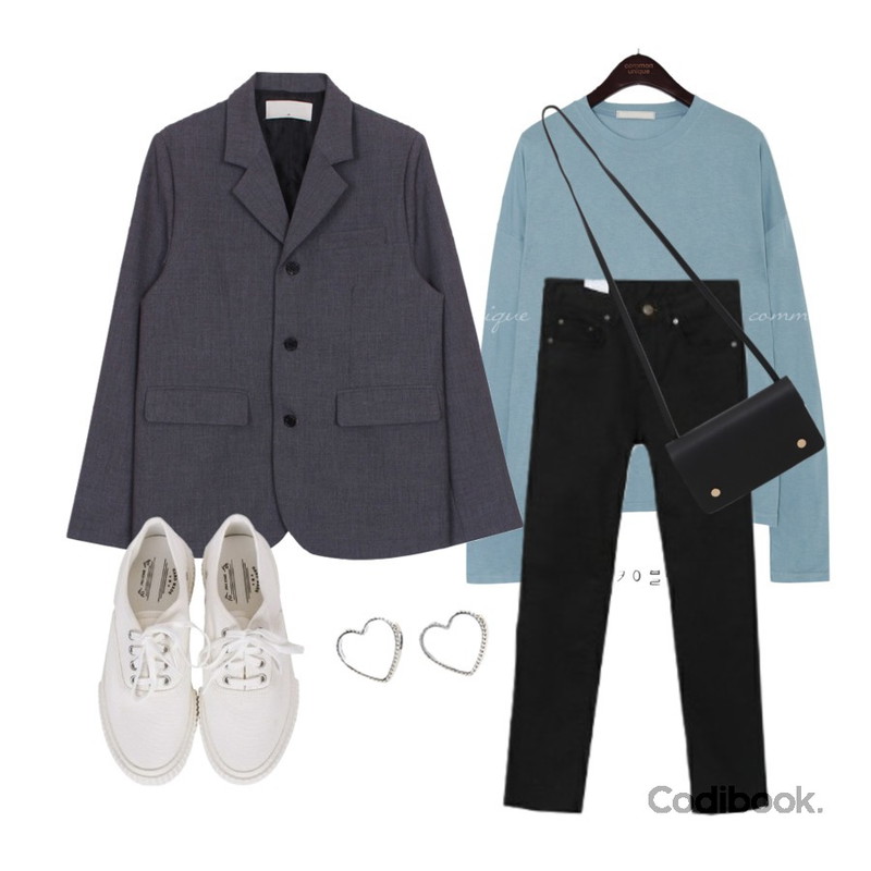 common unique 5 COLOR DAZEN RAYON BASIC T,AWAB 무드기본일자팬츠,biznshoe Back button jacket (2color)등을 매치한 코디