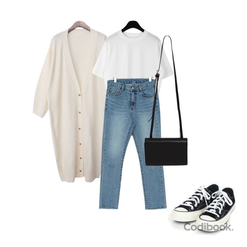 BACHO 로망 트임 롱 가디건,daily monday Plain half sleeve t-shirt,Zemma World 미디움연청 일자크롭팬츠등을 매치한 코디