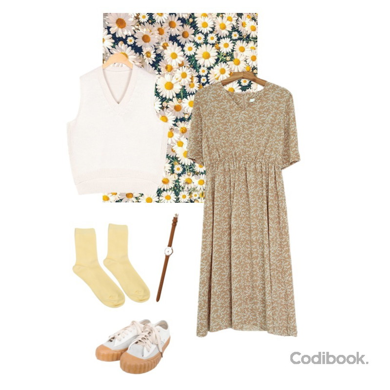 flower,AIN side slit simple vest,Zemma World 은은안개꽃 반팔원피스등을 매치한 코디