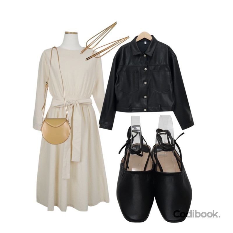 AWAB 라이브롱원피스,From Beginning Way ballet strap bloafer_Y (size : 230,235,240,245,250),From Beginning Log boxy leather jacket_K (size : free)등을 매치한 코디