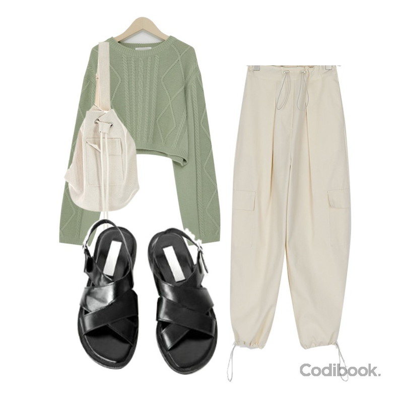 ROCOSIX 어겐 크로스 백,From Beginning System crop cable knit_K (size : free),somedayif string cotton jogger pants (2colors)등을 매치한 코디
