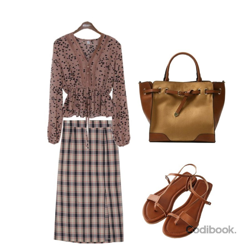 Zemma World Jury-샌들,From Beginning Deep slit check skrit_S (size : free),binary01 프릴 허니 하트블라우스등을 매치한 코디