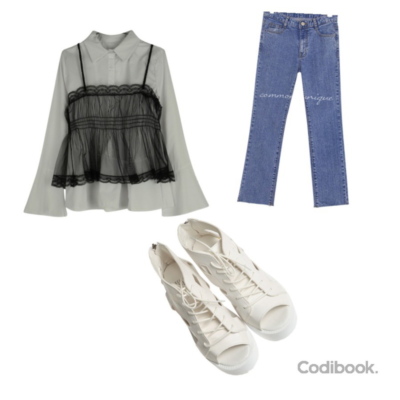 image crowd platform, shoes,GIRLS RULE 레이스 뷔스티에 set (bl788),common unique [BOTTOM] MILCO WASHING SLIM DENIM PANTS등을 매치한 코디