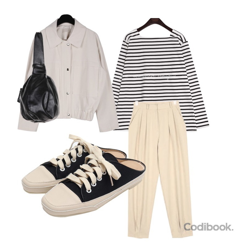 common unique [TOP] AMAIN STRIPE SQUARE NECK T,daily monday Stitch short jacket,AIN FRESH A simply jogger slacks (s, m)등을 매치한 코디
