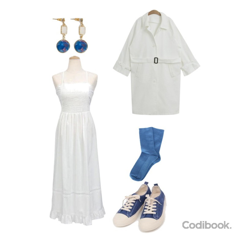 TODAY ME 베커 트렌치 코트,MOREDAY 컬러풀 마블 드롭 이어링 (3color),biznshoe Basic ankle socks (10colors)등을 매치한 코디