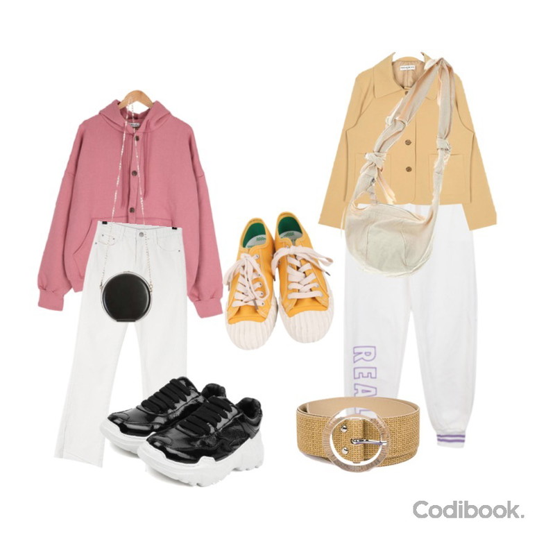BULLANG GIRL 귀욤뿜뿜후드가디건♥남녀공용♥,BULLANG GIRL 레터링두줄트레이닝P,AIN FRESH A single short jacket등을 매치한 코디