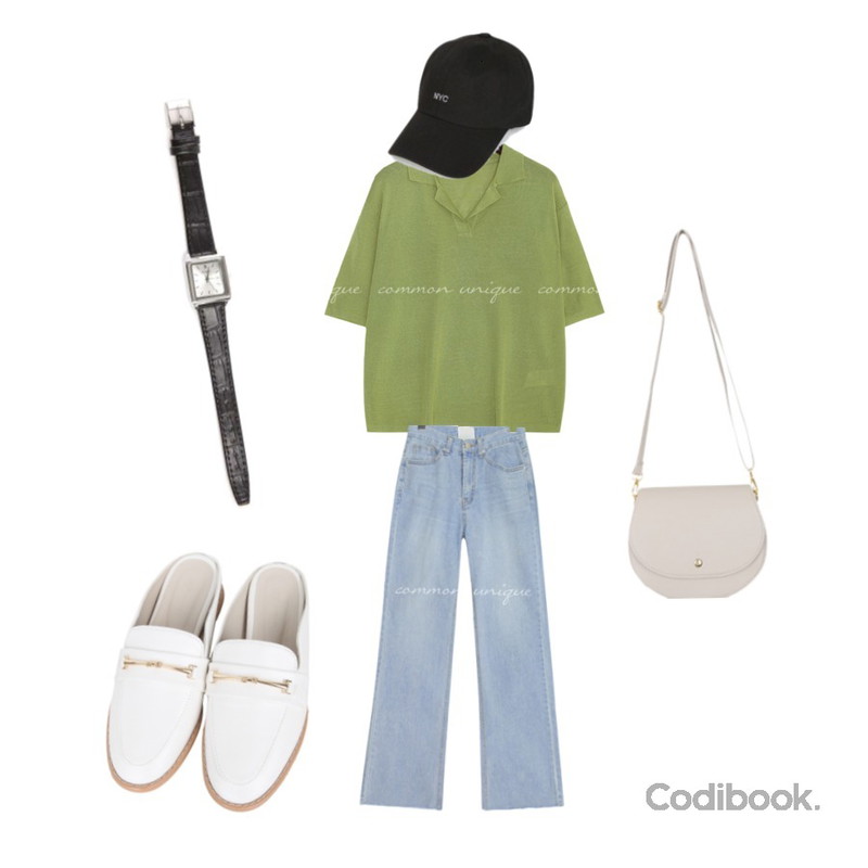 common unique TROW STRAIGHT LONG DENIM PANTS,BULLANG GIRL 세이프일선블로퍼,common unique 6 COLOR ROUGE OPEN COLLAR 1/2 KNIT등을 매치한 코디