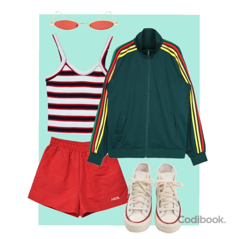 Emerald Background,MIXXMIX Piping Short Pants,GIRLS RULE 캘리포니아 브이 나시 (t4980)등을 매치한 코디