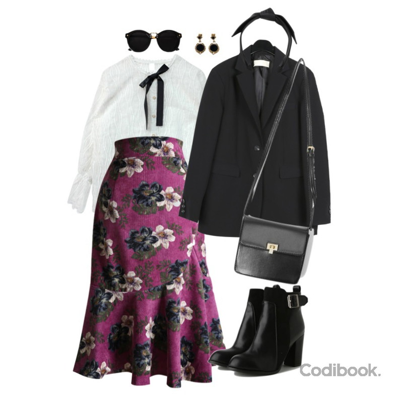 CHLO.D.MANON 레이디 플라워골덴 인어스커트,GIRLS RULE 레이스 블라우스 세트 (bl370),daily monday Mannish sensual jacket등을 매치한 코디