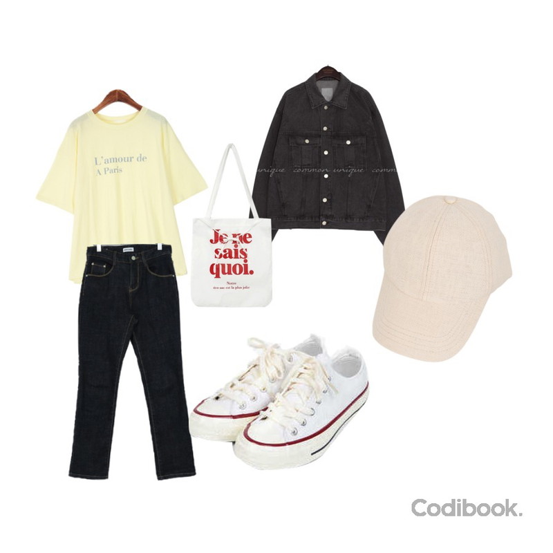 common unique [OUTER] BORE DAMAGE DENIM JACKET,Zemma World Cheese Premium Jean (ver.클래식생지),ROCOSIX 라모트 베이직 티셔츠등을 매치한 코디