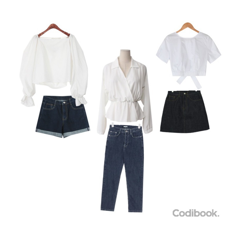 TODAY ME [short pants]리첼 숏츠,BACHO 마르니에 브이넥 쉬폰블라우스,AIN white stich crop denim pants (s, m)등을 매치한 코디