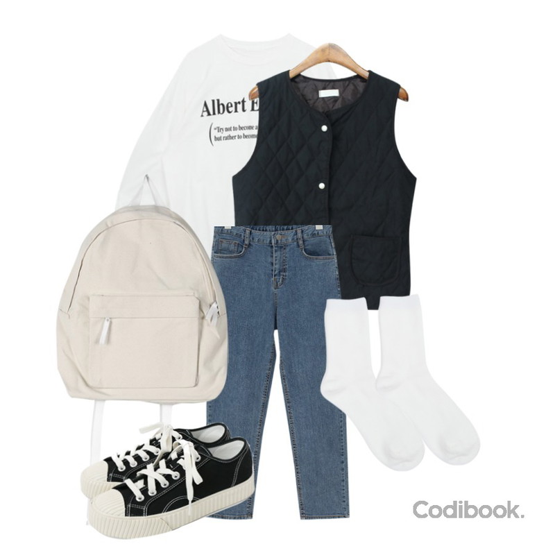 From Beginning Slim straight denim pants_M (size : S,M,L),MIXXMIX 디슨 박시핏 맨투맨,BACHO 그란데 누빔 베스트등을 매치한 코디