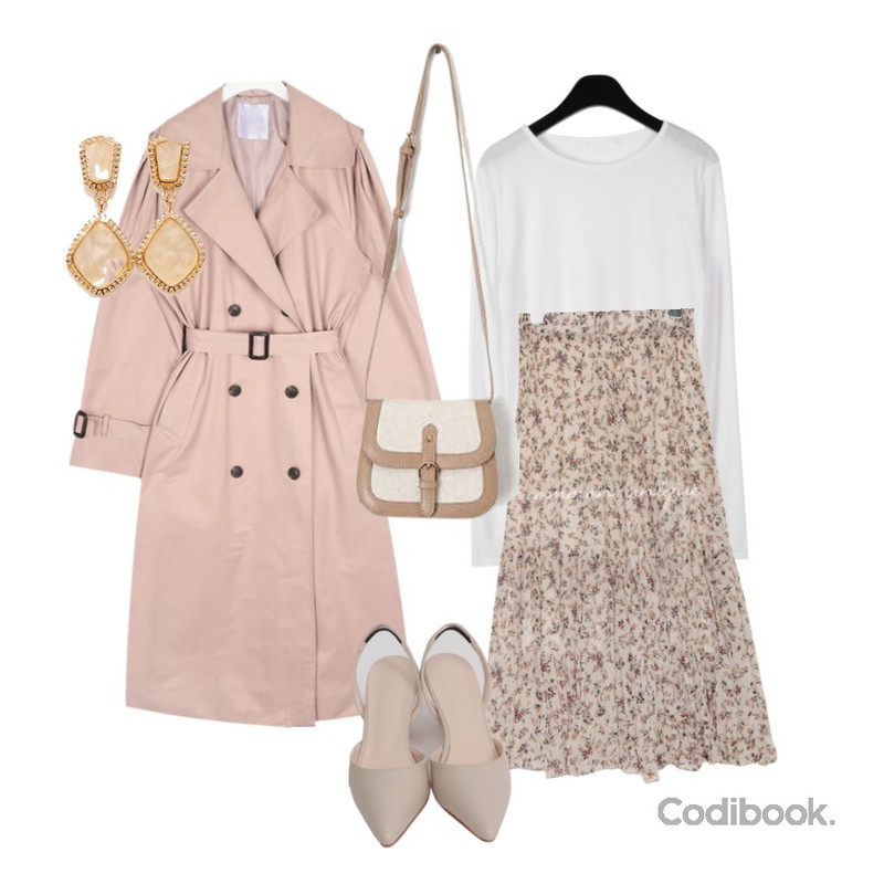 common unique VASE FLORAL CREASE LONG SKIRT,AIN rose cape trench coat,daily monday Plain u neck t-shirt등을 매치한 코디