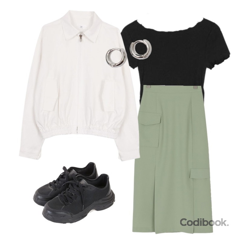 ROCOSIX 데이션 모던 스니커즈,somedayif double slit cargo banding long skirt (2colors),AIN side shirring golgi T등을 매치한 코디