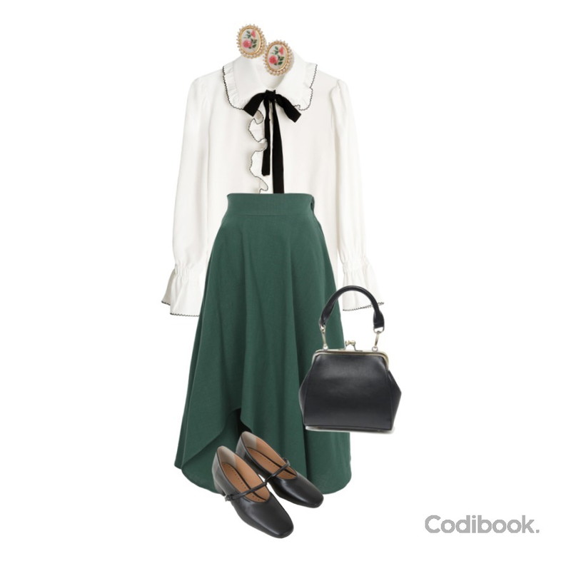 GIRLS RULE 앨리스 리본 블라우스 (bl744),AFTERMONDAY twist strap shoes (4colors),AWAB 미닛린넨플레어스커트등을 매치한 코디