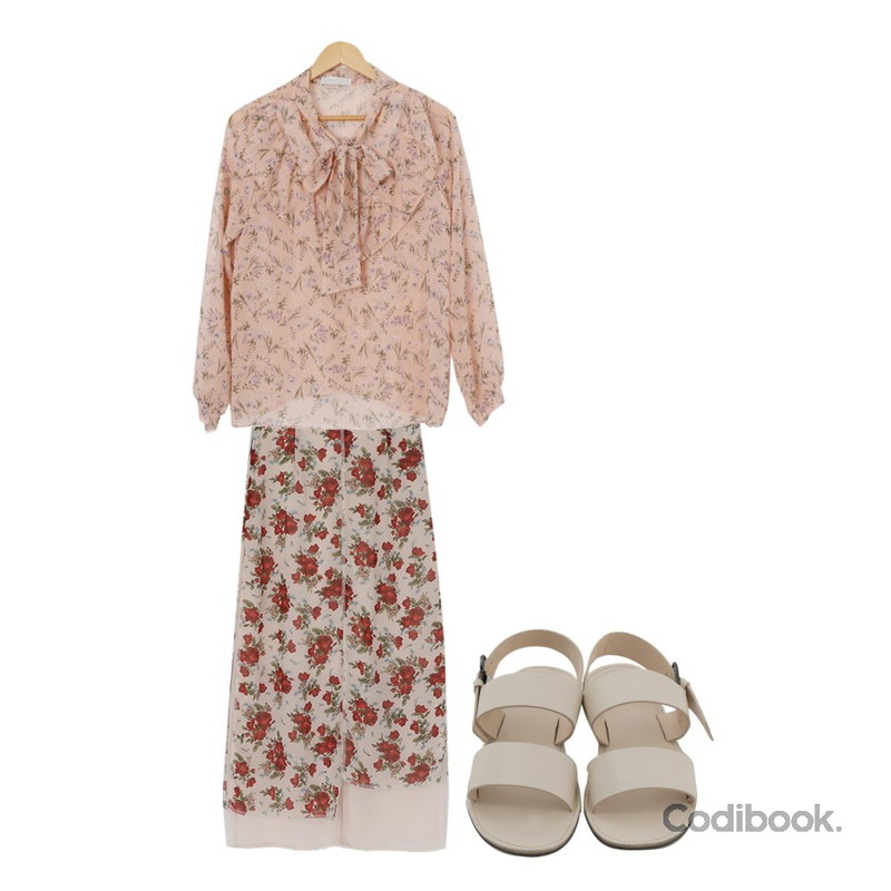 somedayif rose floor long skirt (3colors),BANHARU daily wide strap sandal,AWAB 꽃향리본블라우스등을 매치한 코디