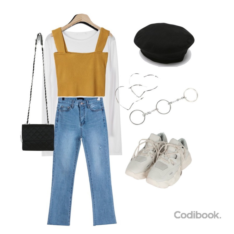 daily monday Plain u neck t-shirt,BACHO 파스텔 나시니트,daily monday Soft-green pit denim pants등을 매치한 코디