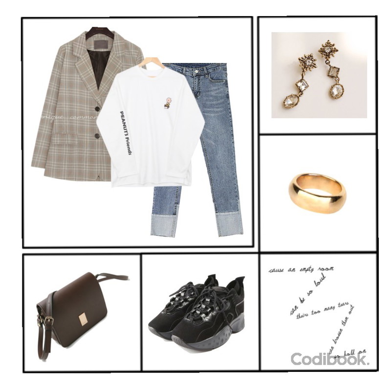 frame,ROCOSIX 라리마 투톤 스키니,common unique [OUTER] REDEN CHECK SINGLE JACKET등을 매치한 코디