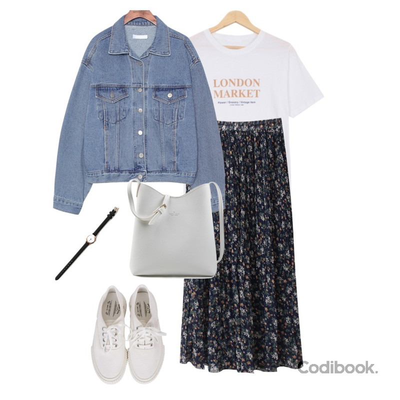 common unique TOM OVER FIT DENIM JACKETWITH CELEBRITY _ 장윤주, 설현 착용,BACHO 썸썸 플리츠 롱스커트,BULLANG GIRL 마켓런던T등을 매치한 코디