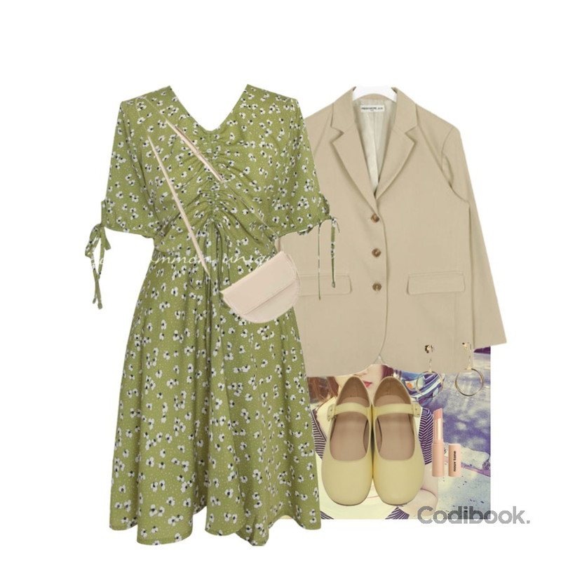 -,AIN FRESH A simply mannish jacket,common unique SONO FLOWER SHIRRING MINI OPS등을 매치한 코디