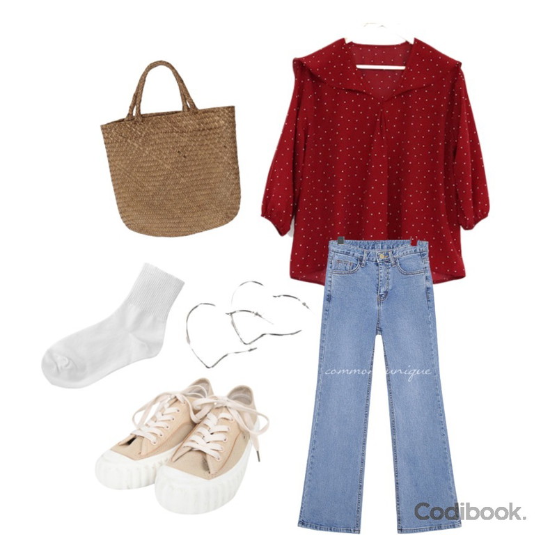 BULLANG GIRL 스트캐쥬스니커즈,acomma 플로라 도트 - bl,common unique ADEN SEMI BOOTS DENIM PANTS등을 매치한 코디