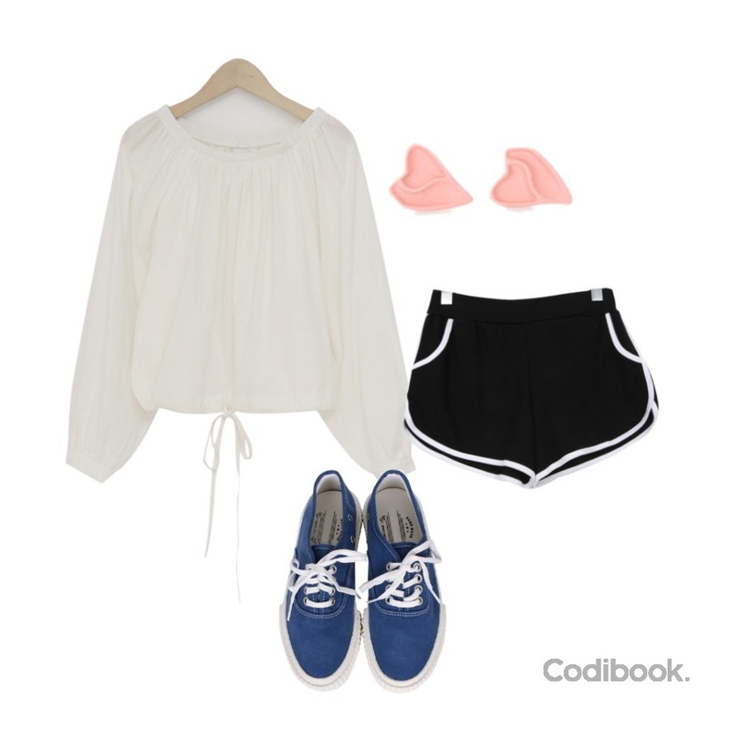 biznshoe Couple sneakers (4color),From Beginning Simple off-shoulder blouse_M (size : free),BULLANG GIRL 라인숏트레이닝P등을 매치한 코디
