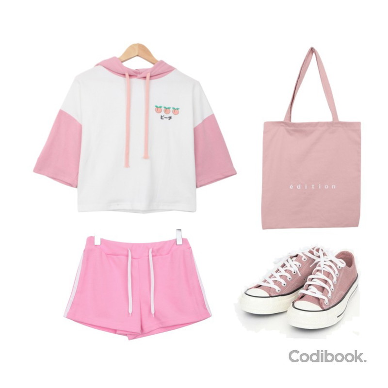 AIN coloring canvas sneakers (225-250),BULLANG GIRL 삐아과일반팔후드티,BULLANG GIRL 쭉칼라트레이닝숏P등을 매치한 코디
