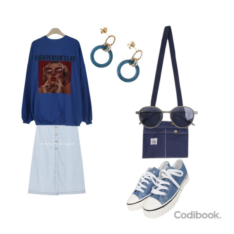 BULLANG GIRL 브리치스니커즈,GIRLS RULE 라이프 백 프린트 맨투맨 (t6066),common unique VENI BUTTON PINTUCK DENIM SKIRT등을 매치한 코디