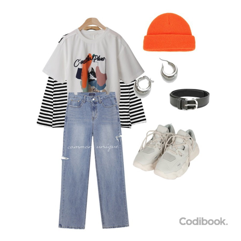 Zemma World 라운드넥 스트라이프 티,common unique [BOTTOM] LINT DAMAGE STRAIGHT DENIM PANTS,BACHO 캐츠 프린팅 반팔티등을 매치한 코디