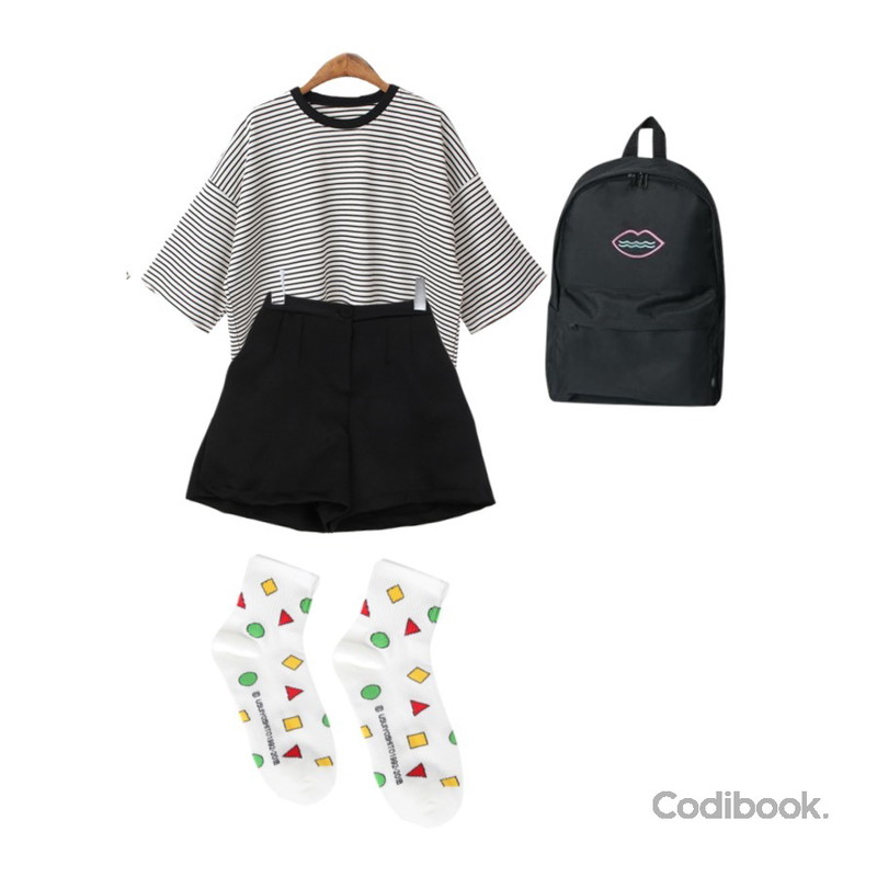 MIXXMIX Logo Backpack,BACHO 에브리 스트라이프 티셔츠,BULLANG GIRL 베이직셔링숏P등을 매치한 코디