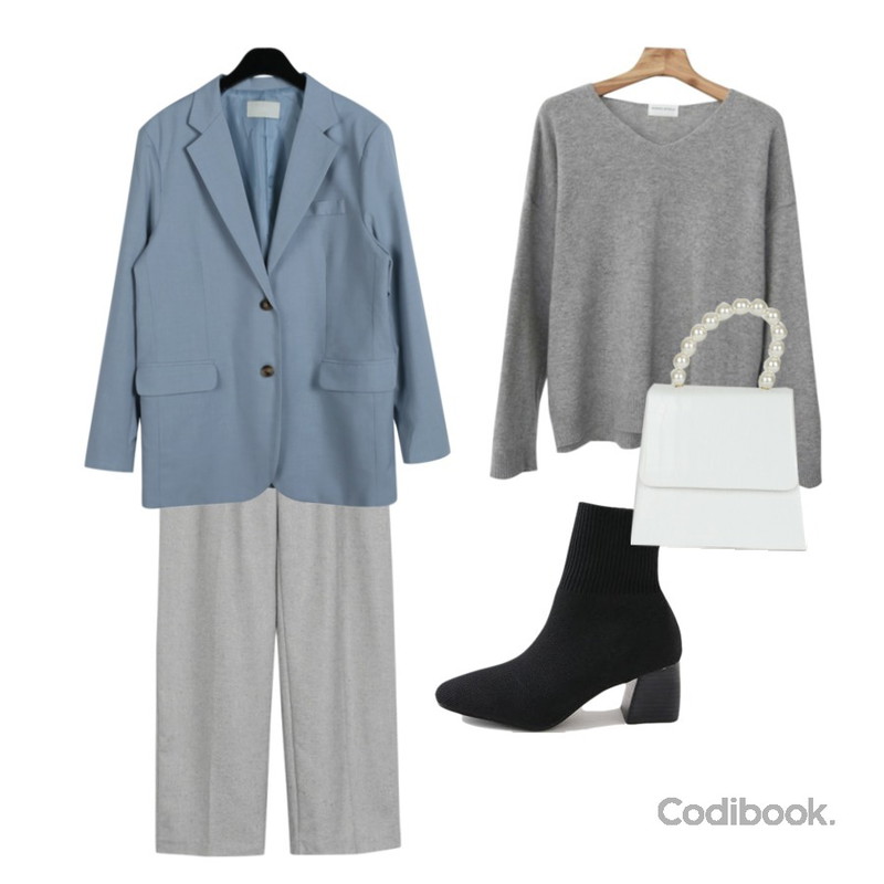 From Beginning Made_bottom-140_warm straight slacks_B (size : S,M),Zemma World (ZEM.made) Warm-브이넥니트 (램스울50%)[size:44~통통66 / 3color],daily monday Ratte modern single jaket등을 매치한 코디