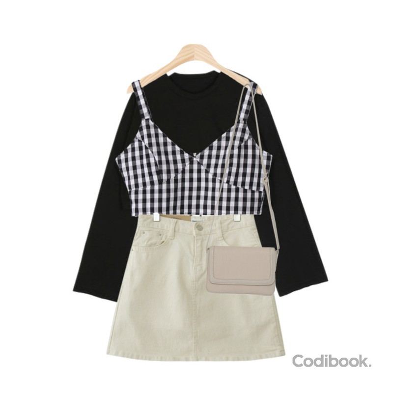 AIN bebe crop string mtm T,BACHO 마랑 체크 뷔스티에,Zemma World Cheese Jean (ver.로우시크릿스커트)[size:S,M,L,XL / 2color]등을 매치한 코디
