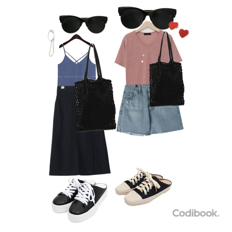 AIN casual sneakers slippers (2 colors),common unique [TOP] MELL SATIN X STRAP SLEEVELESS,GIRLS RULE 오드리 트임 롱 스커트 (sk1831)등을 매치한 코디