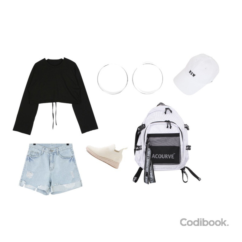LOVELY SHOES 메론트 스판 슬립온 4cm,AIN bebe crop string mtm T,ROCOSIX 아이스 연청 데미지 팬츠등을 매치한 코디