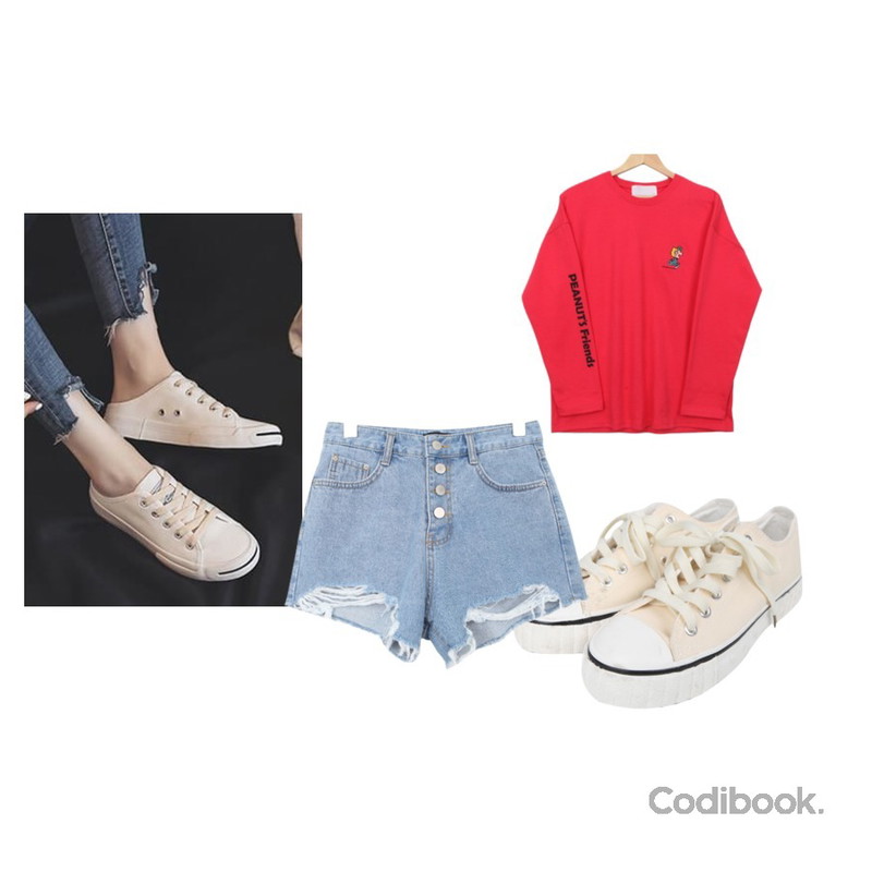 BULLANG GIRL 브리치스니커즈,Cats Onepiece 캔버스 블로퍼,BULLANG GIRL 피넛프렌즈T등을 매치한 코디