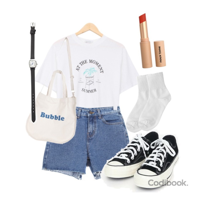 AIN coloring canvas sneakers (225-250),BULLANG GIRL 화분반팔T,BULLANG GIRL 더블컷팅숏P등을 매치한 코디