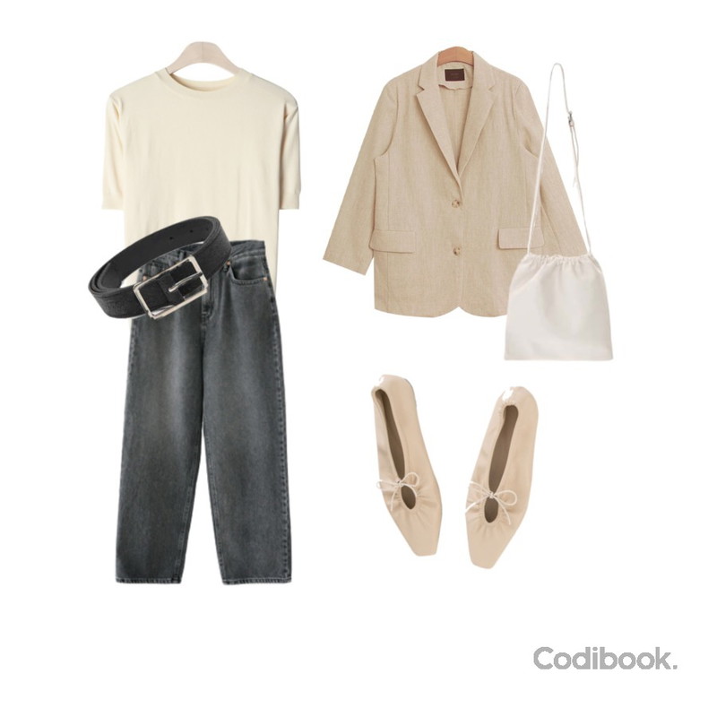 GIRLS RULE 퓨어 니트 반팔 티셔츠 (t6338),TODAY ME 조니 린넨 자켓,AFTERMONDAY matt loose fit denim (3colors)등을 매치한 코디