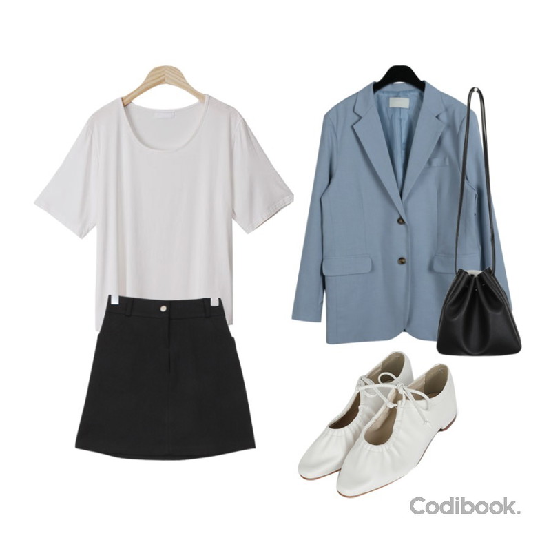 BULLANG GIRL 매직하이션SK,daily monday Ratte modern single jaket,BACHO 프리 U넥 티셔츠등을 매치한 코디