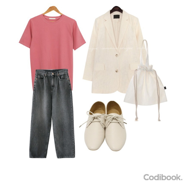 common unique VERON LINEN SINGLE JACKET,AWAB 상큼포텐라운드티,AFTERMONDAY matt loose fit denim (3colors)등을 매치한 코디